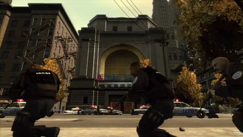 The SWAT team blockade the outside of the Bank Of Liberty.