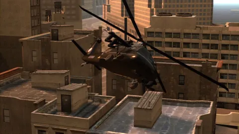 A helicopter hovers over the rooftops.