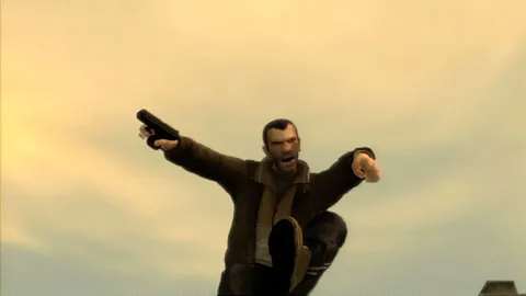 Niko jumps off a roof with an angry expression on his face.