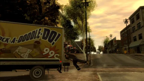 Niko hangs from the back of a delivery truck.
