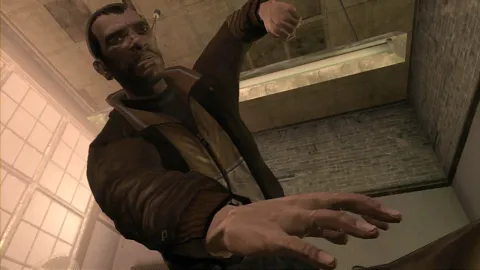 An angry looking Niko bashes in someone's head.