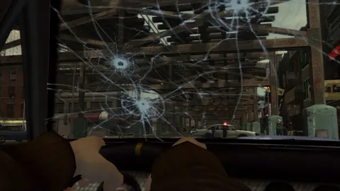 The windshield holds out against police gunfire.