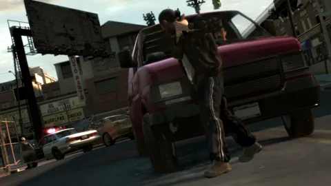 Niko uses a car as cover