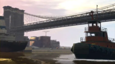 A tugboat under a bridge