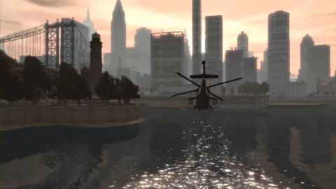 A helicopter flies towards the city