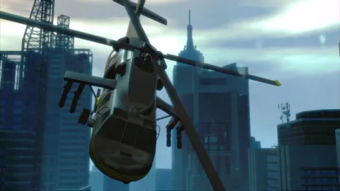 A helicopter flies through the city