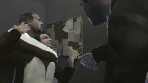 Niko holds a guy a knife point
