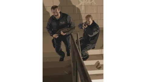Artwork showing two cops with shotguns climbins the stairs.