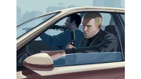 Artwork showing two armed men in a car.