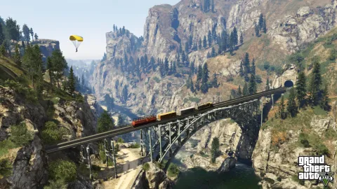 Parachuting over the rail bridge