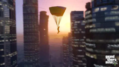 Parachute ride through Downtown Los Santos