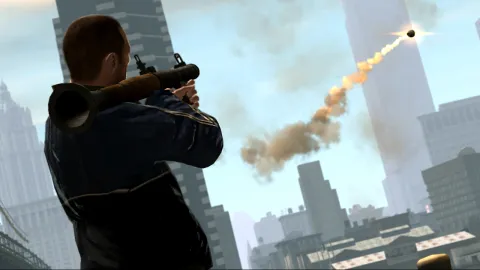 Niko fires his rocker launcher towards Algonquin.