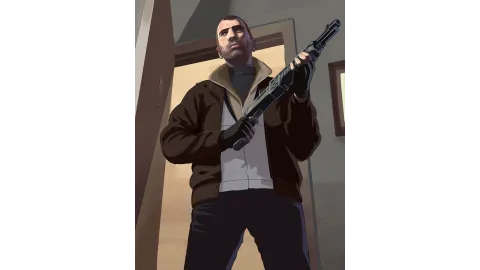 Niko standing with a shotgun.