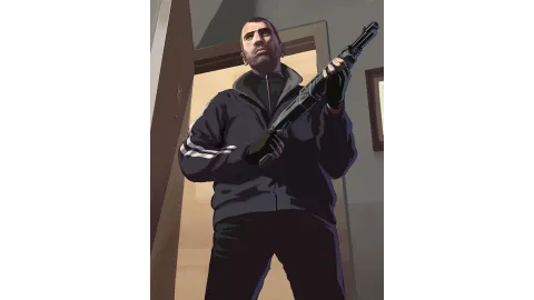 Niko standing with a shotgun.