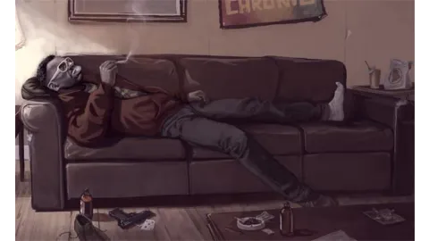 Little Jacob smokes a joint on his sofa.