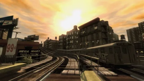 A train heads along some elevated tracks.