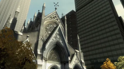 A church shines in the light.