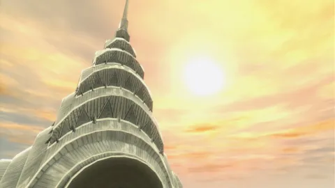 A large round rootop in the bright sky.