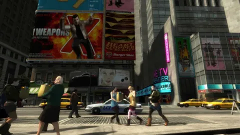 Pedestrians go about their daily activities as a cop car drives past.