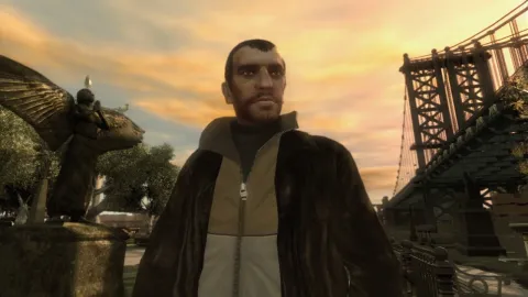 The main character Niko Bellic stands in a park.