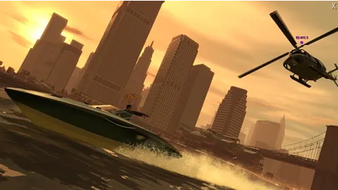 Helicopter chasing a boat.