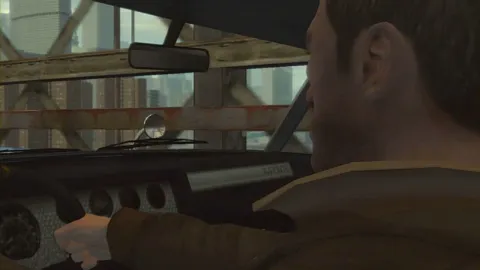 Niko checks his mirrors as he drives across the bridge.