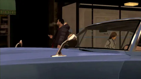 Two pedestrians wait at the bus stop. One is smoking.