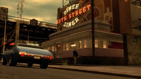 Niko drives past the 69th street diner as a man walks out.