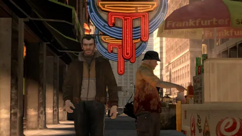 Niko walks past a man ordering food from a hot dog vendor.
