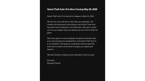 Rockstar Games Statement GTA VI Delay May 26 2026