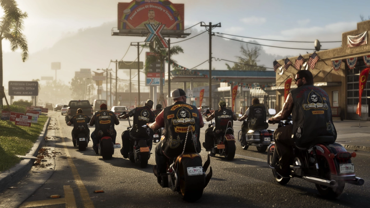 A motorcycle gang riding together in matching leather vests down a road in Ambrosia. A motorcycle gang riding together in matching leather vests down a road in Ambrosia.