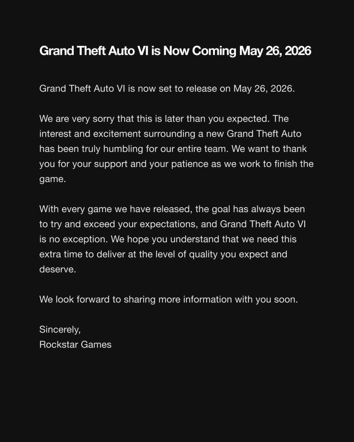 Rockstar Games Statement GTA VI Delay May 26 2026