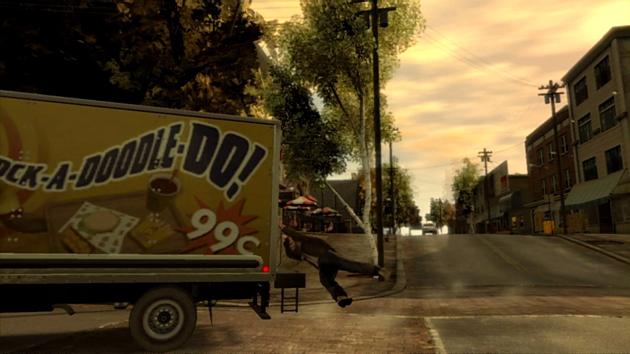Niko hangs from the back of a delivery truck.