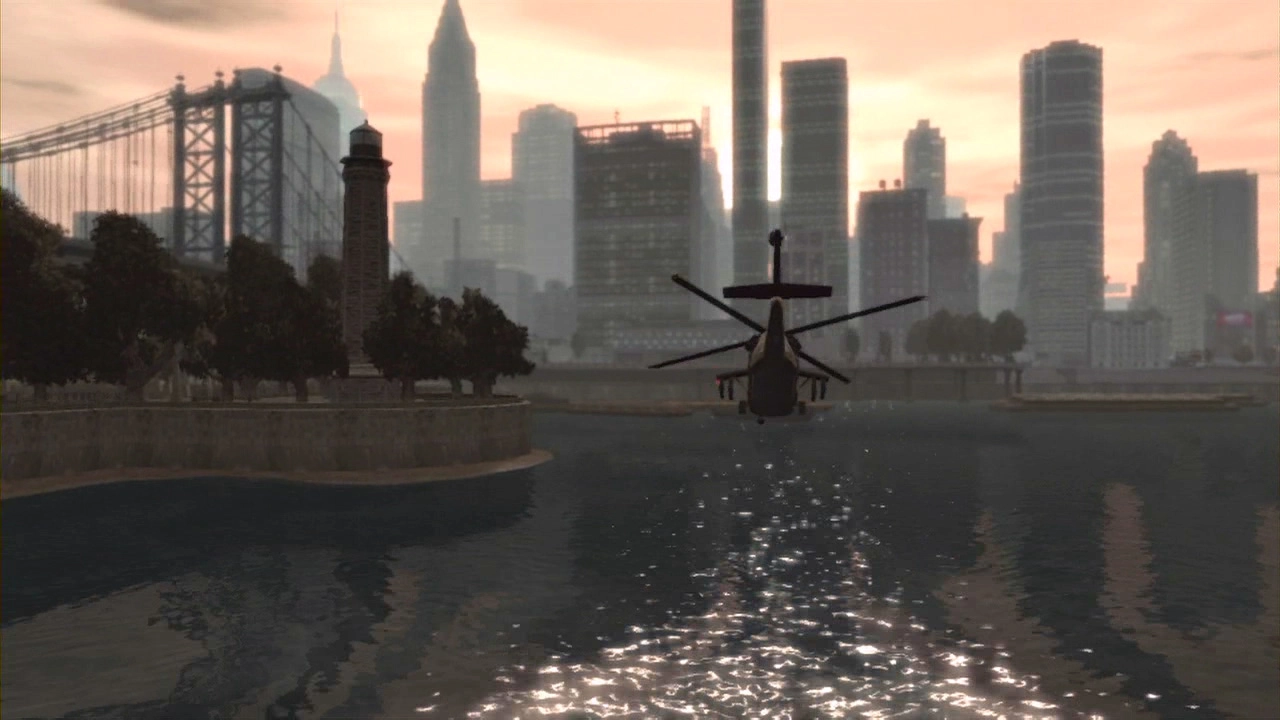 A helicopter flies towards the city