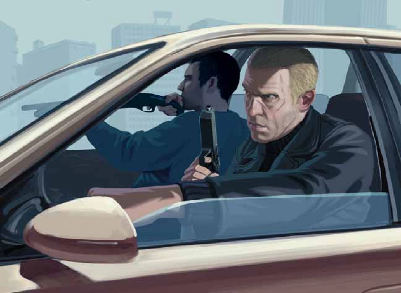 Artwork showing two armed men in a car.