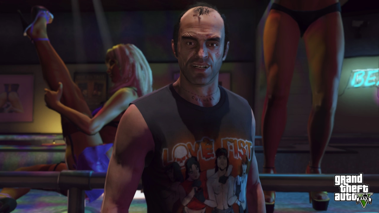 A happy Trevor in a stripclub