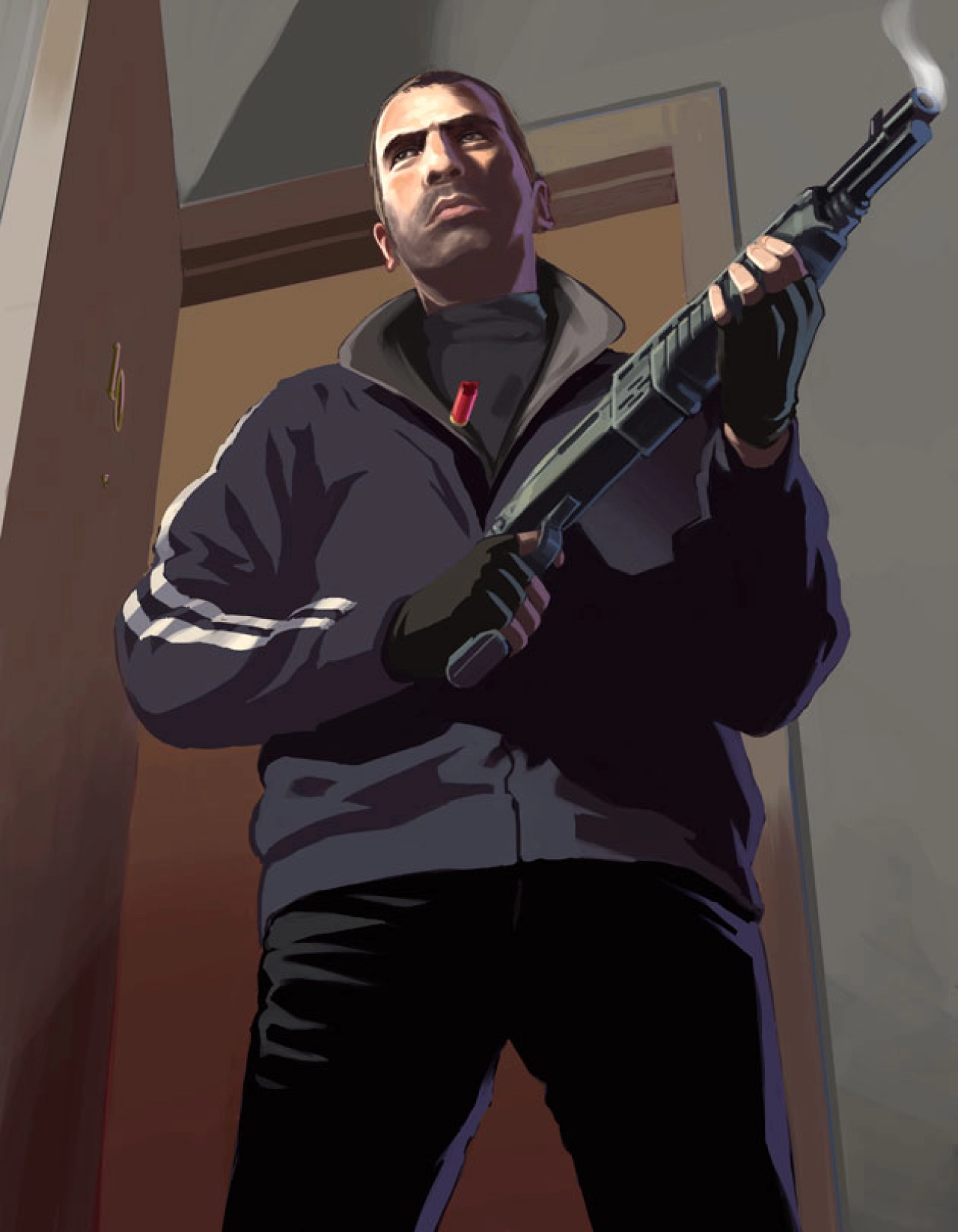 Niko standing with a smoking shotgun.