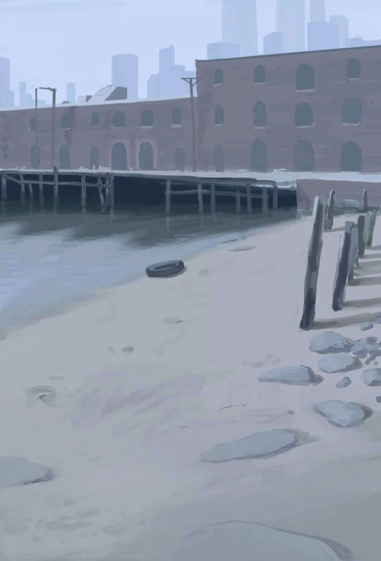Artwork showing a beach.