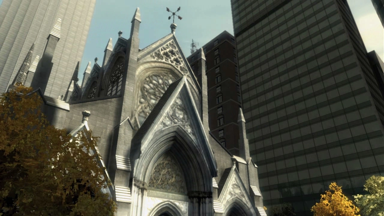 A church shines in the light.
