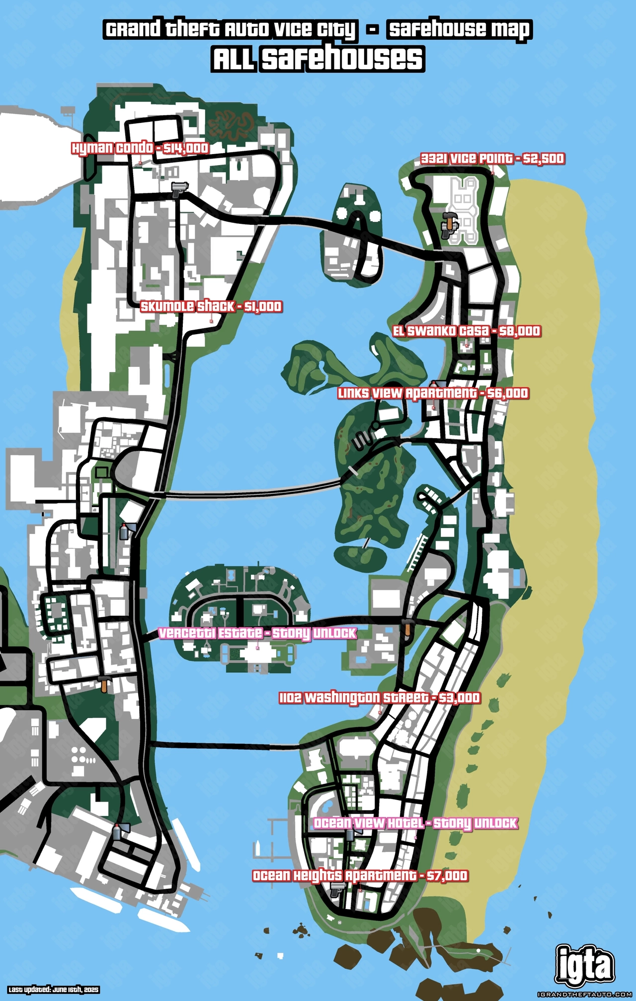 GTA Vice City All Safehouses Map