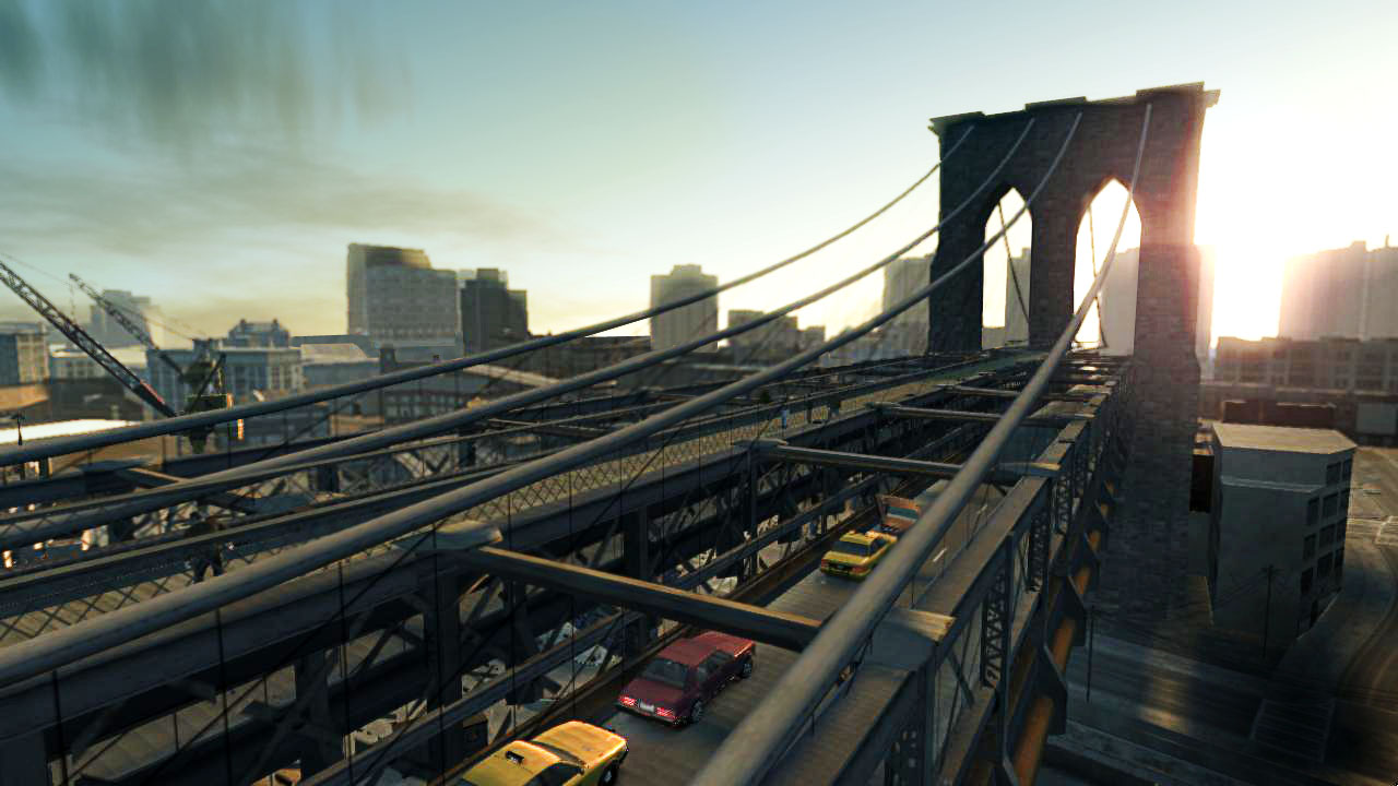 A bridge with some traffic travelling across it. Mainly taxis.