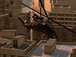 A helicopter hovers over the rooftops.