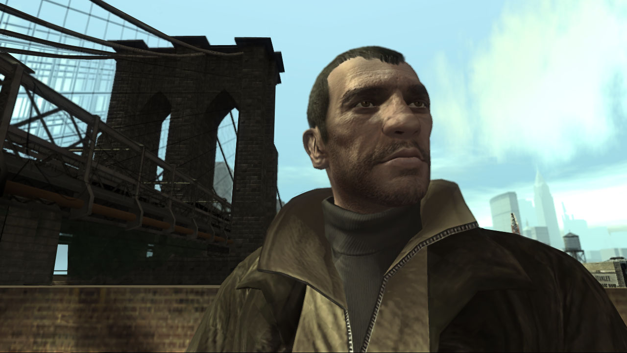 A shot of Niko standing near a bridge.