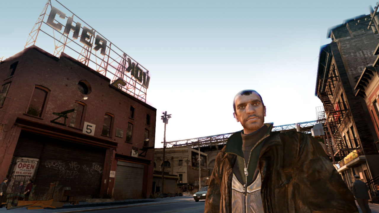 Niko stands in front of a humorous 'Cherkov' building.