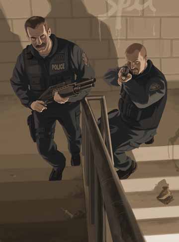 Artwork showing two cops with shotguns climbins the stairs.