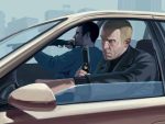 Artwork showing two armed men in a car.