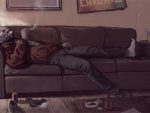 Little Jacob smokes a joint on his sofa.