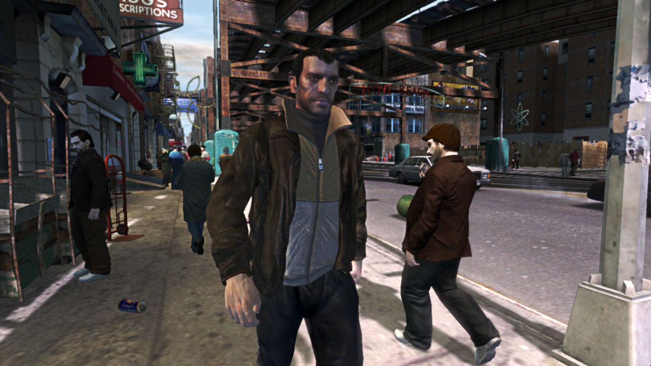 Niko Bellic makes his way through pedestrians in the busy city.