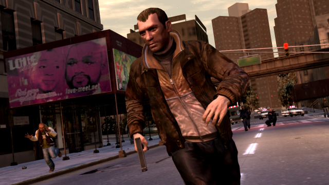 Niko runs through the street gun in hand.