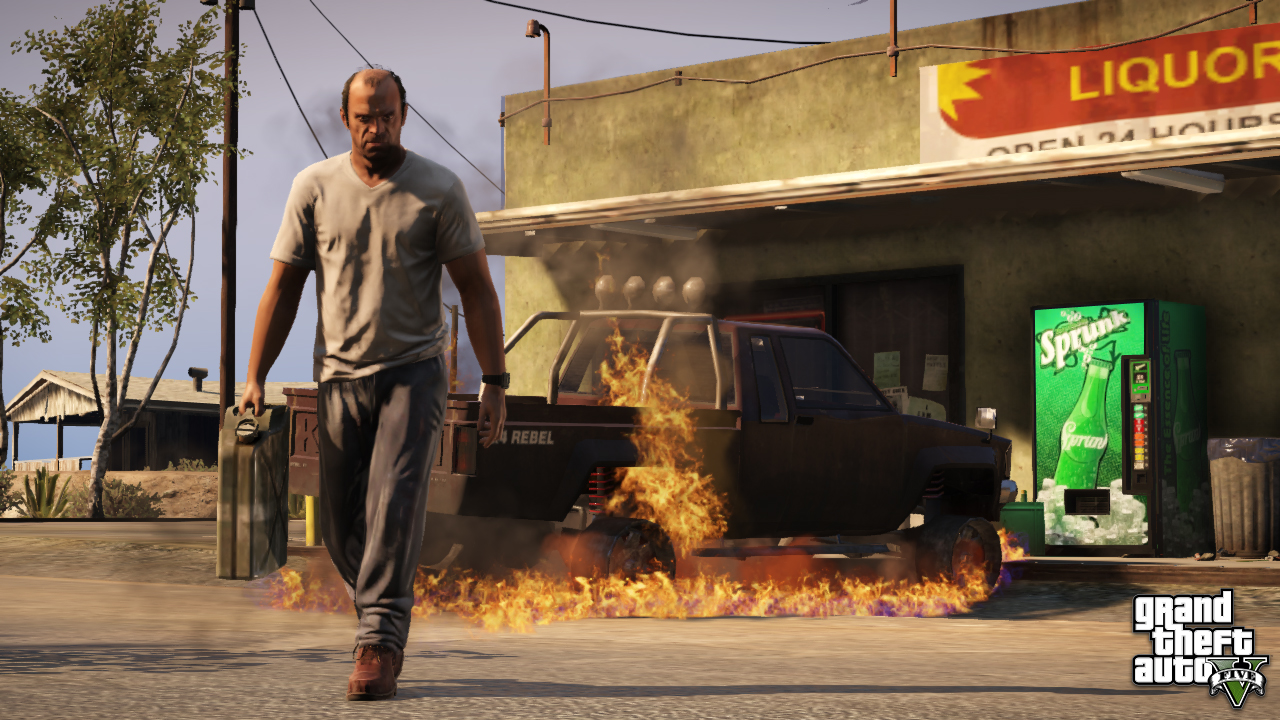 Trevor walking away from a burned Rebel pickup